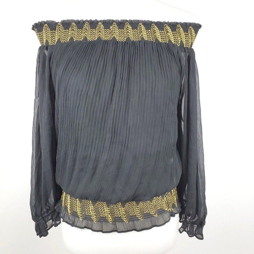 XOXO Black Off the Shoulder Chiffon Pleated Blouse Balloon Sleeves Womens sz M